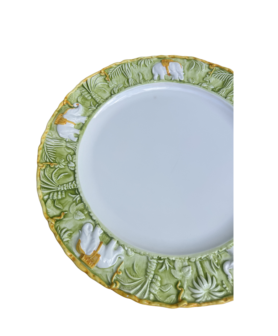 Vintage Italian Majolica Elephant Plate | Sage Green Jungle Relief, 12”
