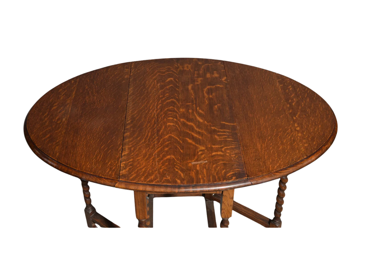 Vintage British Oak Barley-Twist Drop-Leaf Gateleg Table, c. 1920