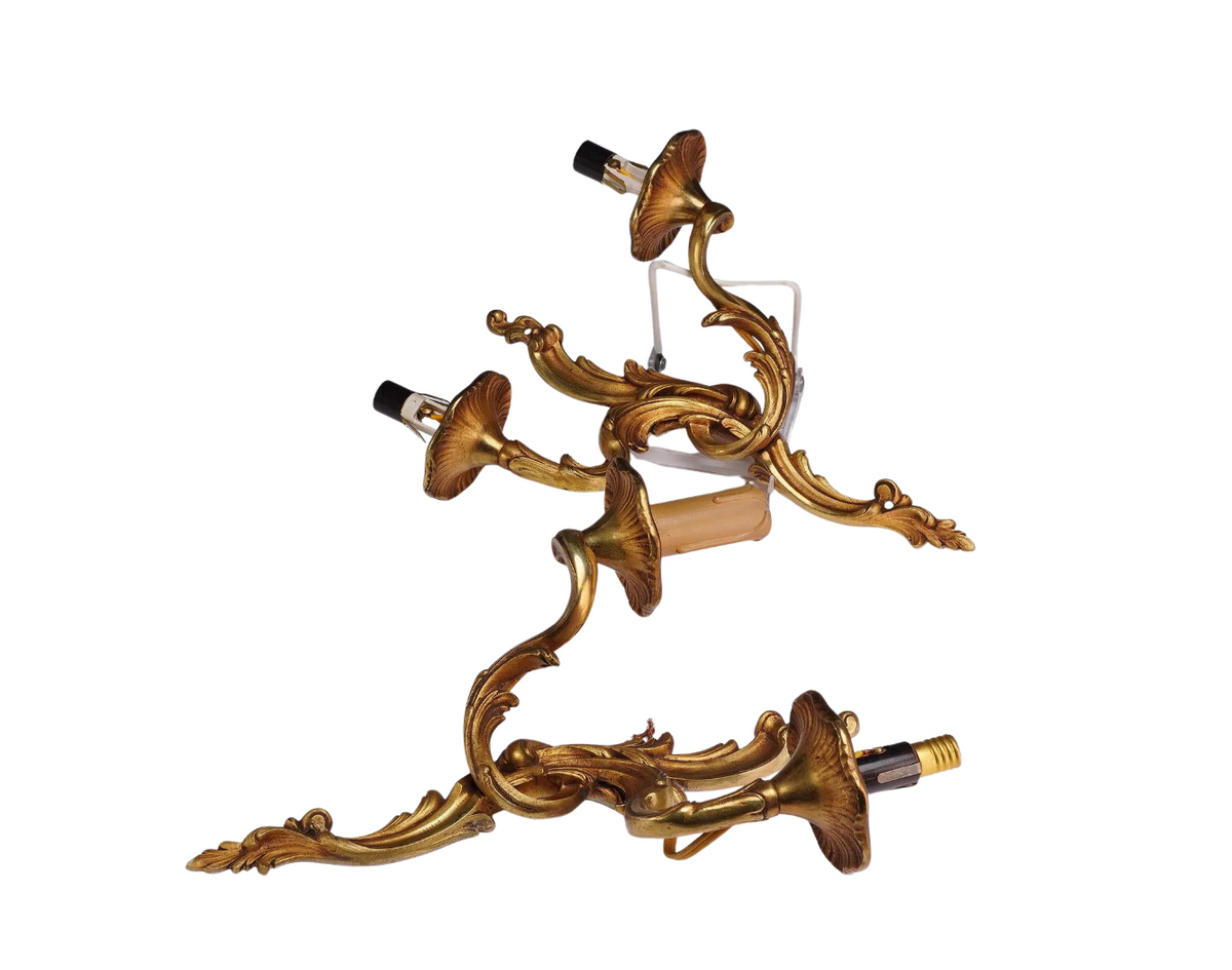 Antique Louis XV Style Gilt Metal Rococo Two-Light Wall Sconces — Pair