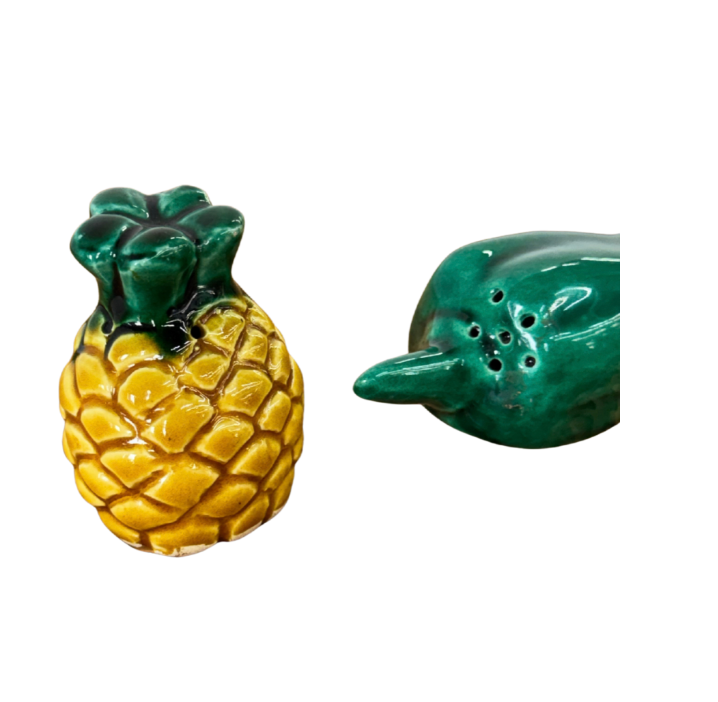 Vintage French Majolica Pineapple & Green Pepper Salt + Pepper Shakers — Pair