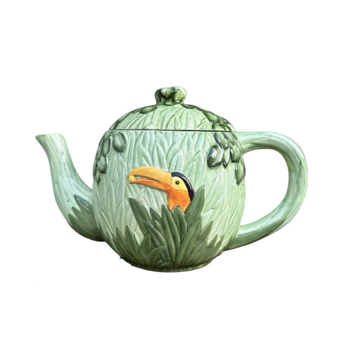Vintage 1980s Seymour Mann hand-painted toucan ceramic teapot with green Majolica-style glaze