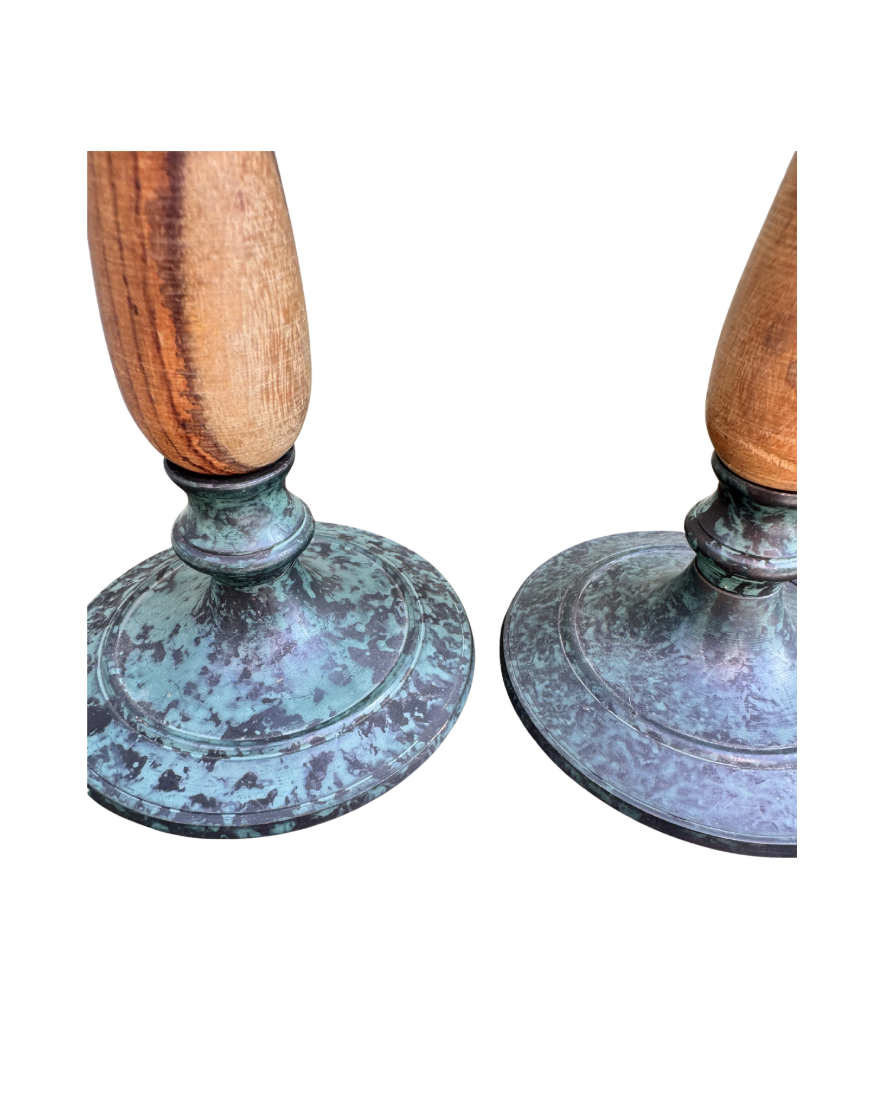 Vintage Scandinavian Wood & Verdigris Candlesticks — Pair