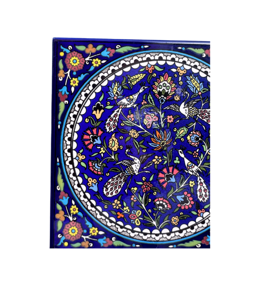 Vintage Armenian Ottoman-Style Hand-Painted Cobalt Ceramic Wall Tile