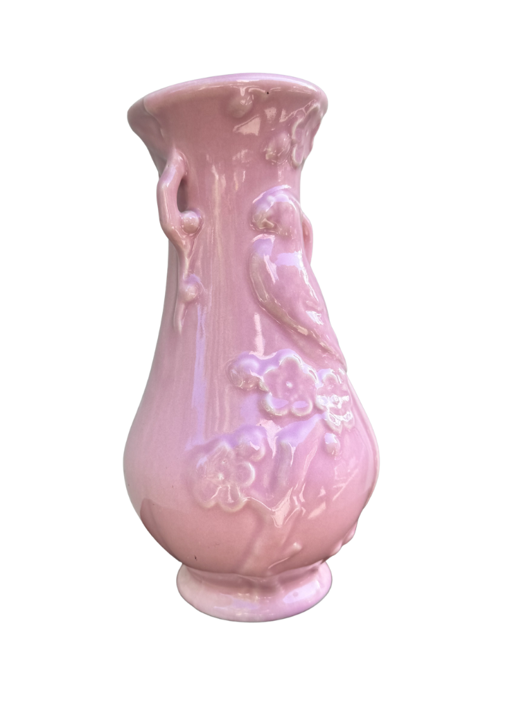 1960s Japanese Pink Ceramic Bird & Cherry Blossom Vase