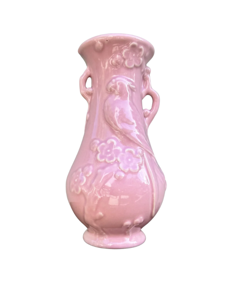 1960s Japanese Pink Ceramic Bird & Cherry Blossom Vase