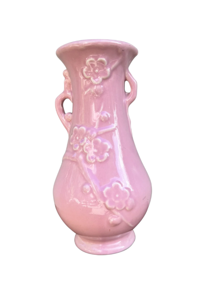 1960s Japanese Pink Ceramic Bird & Cherry Blossom Vase