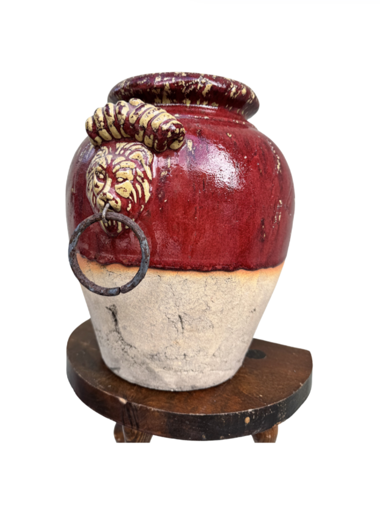 Vintage Terracotta Lion Head Urn | Red & Cream Crackle Glaze, 22”