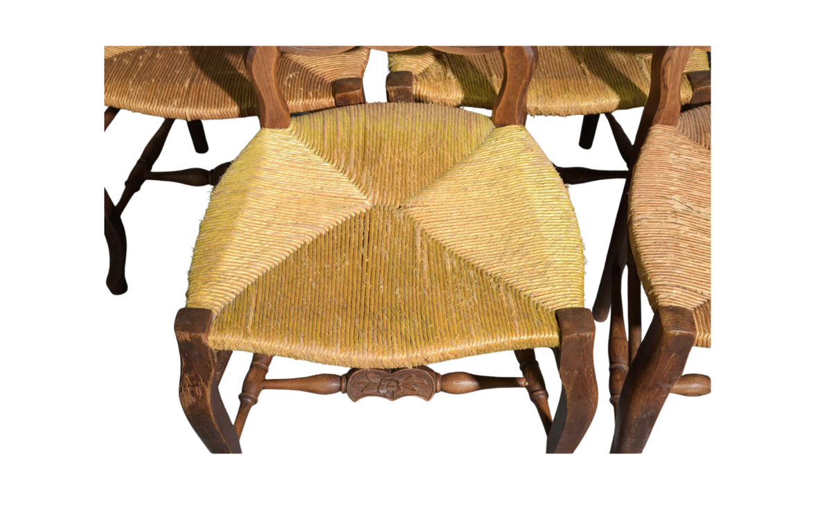 Vintage Country French Louis XV Style Rush Seat Dining Chairs — Set of 5
