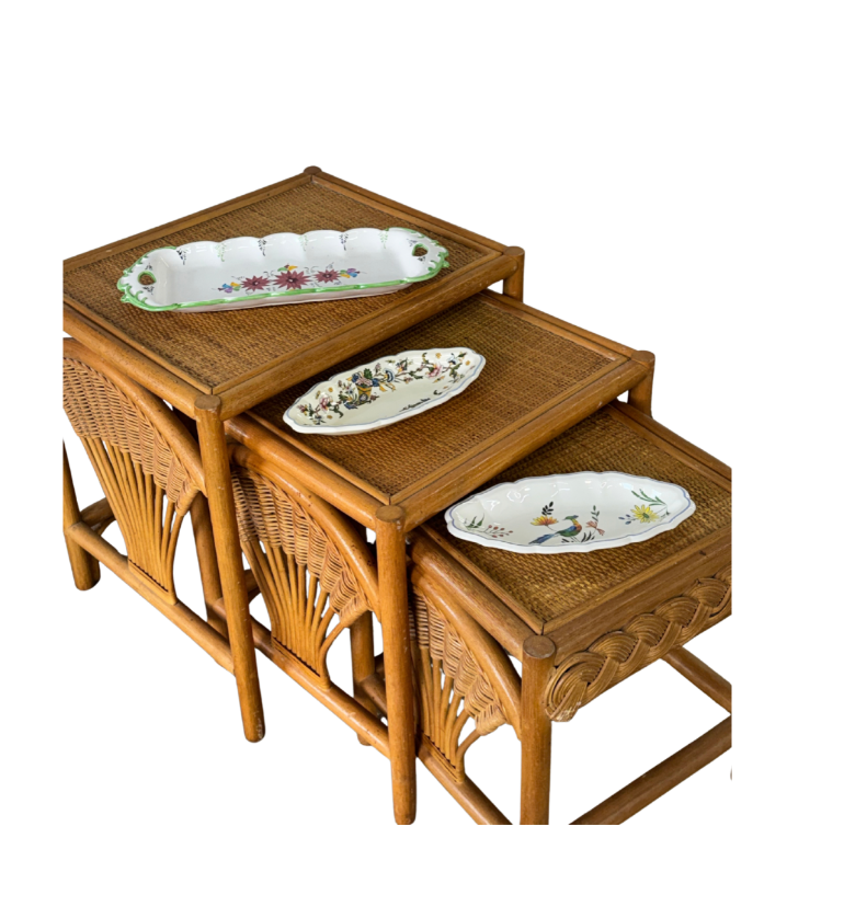 1970s Vintage Rattan & Wicker Nesting Tables — Set of 3