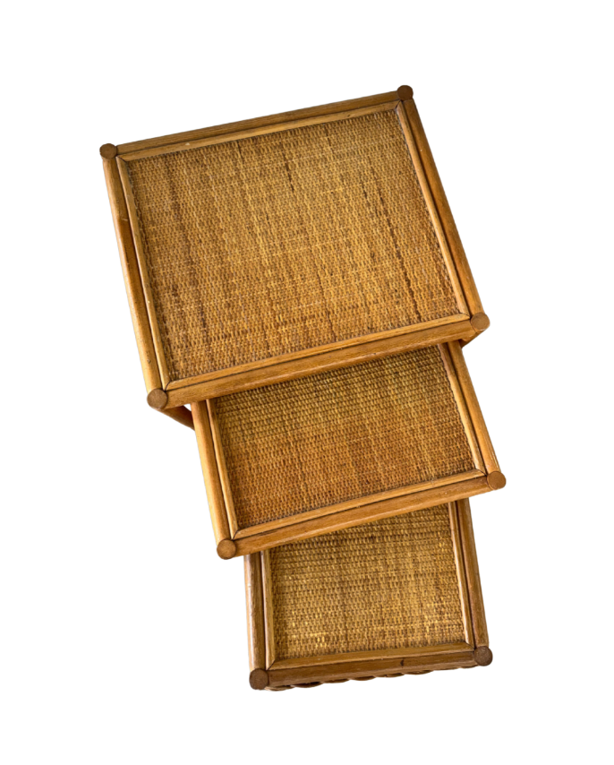 1970s Vintage Rattan & Wicker Nesting Tables — Set of 3
