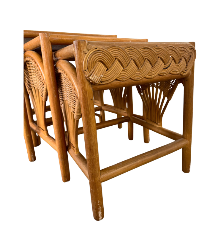 1970s Vintage Rattan & Wicker Nesting Tables — Set of 3