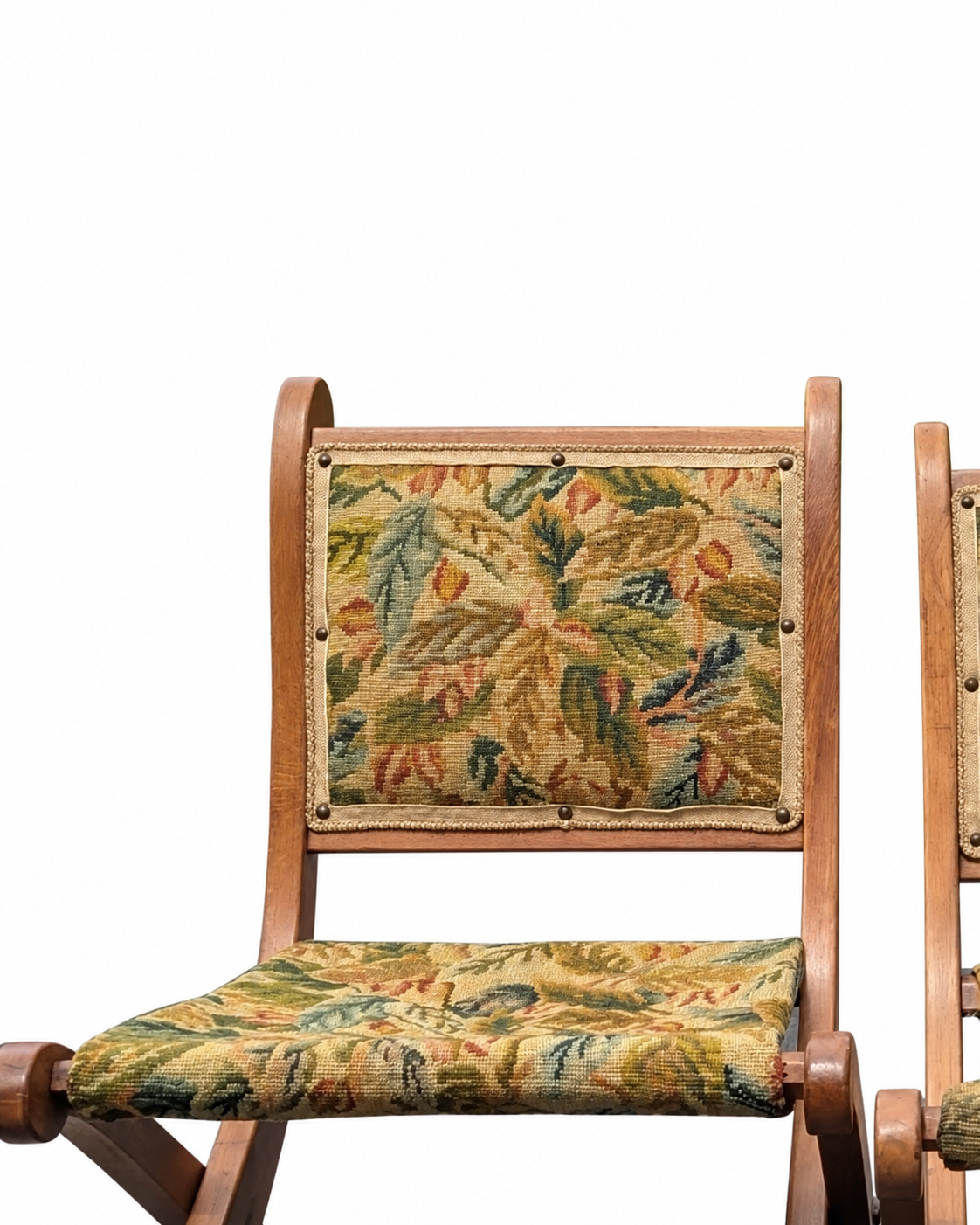 Pair of Vintage French Renaissance-Style Folding Oak Campaign Chairs with Needlepoint