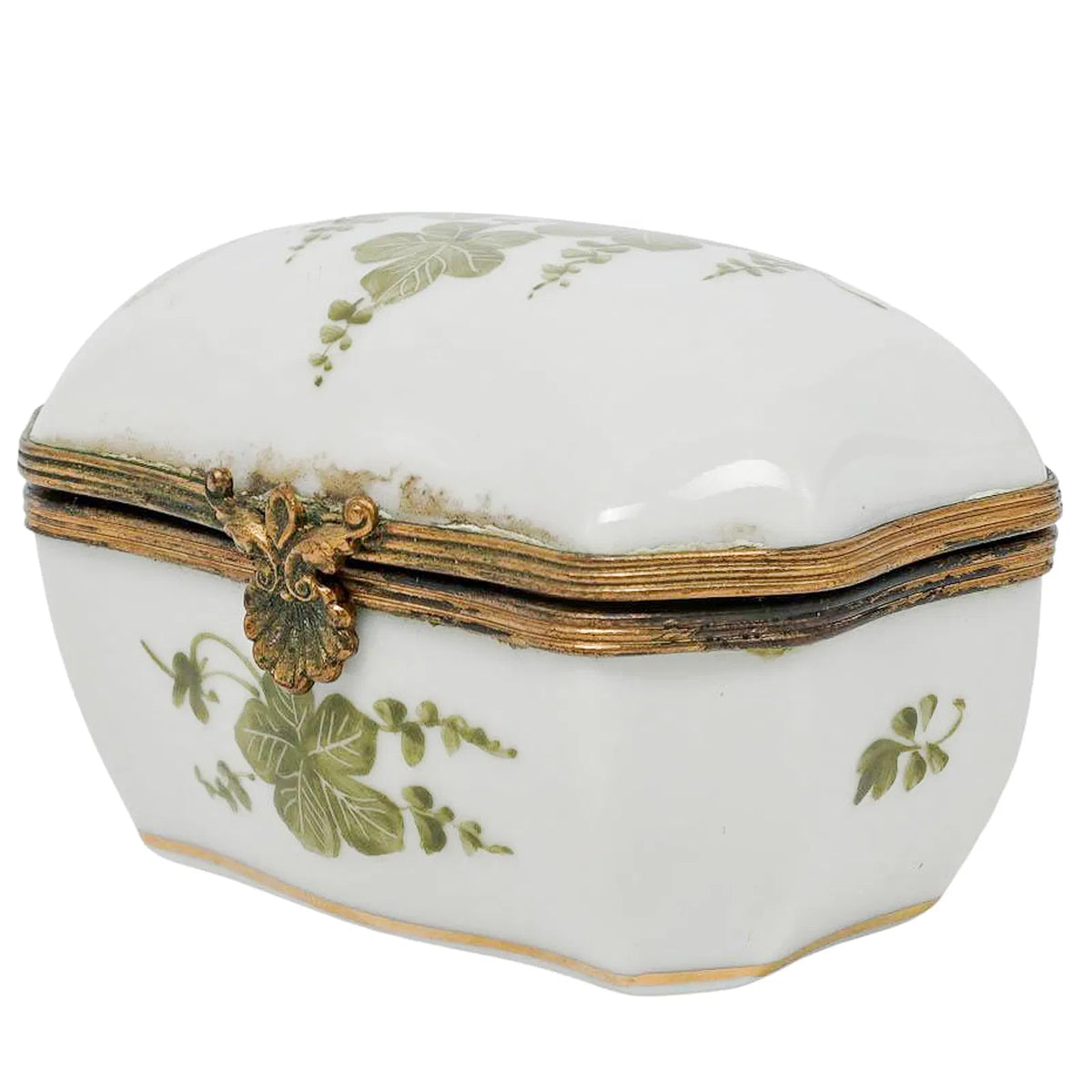 Antique 19th-Century French Sèvres-Marked Green Ivy Porcelain Trinket Box with Gilt Metal Mounts