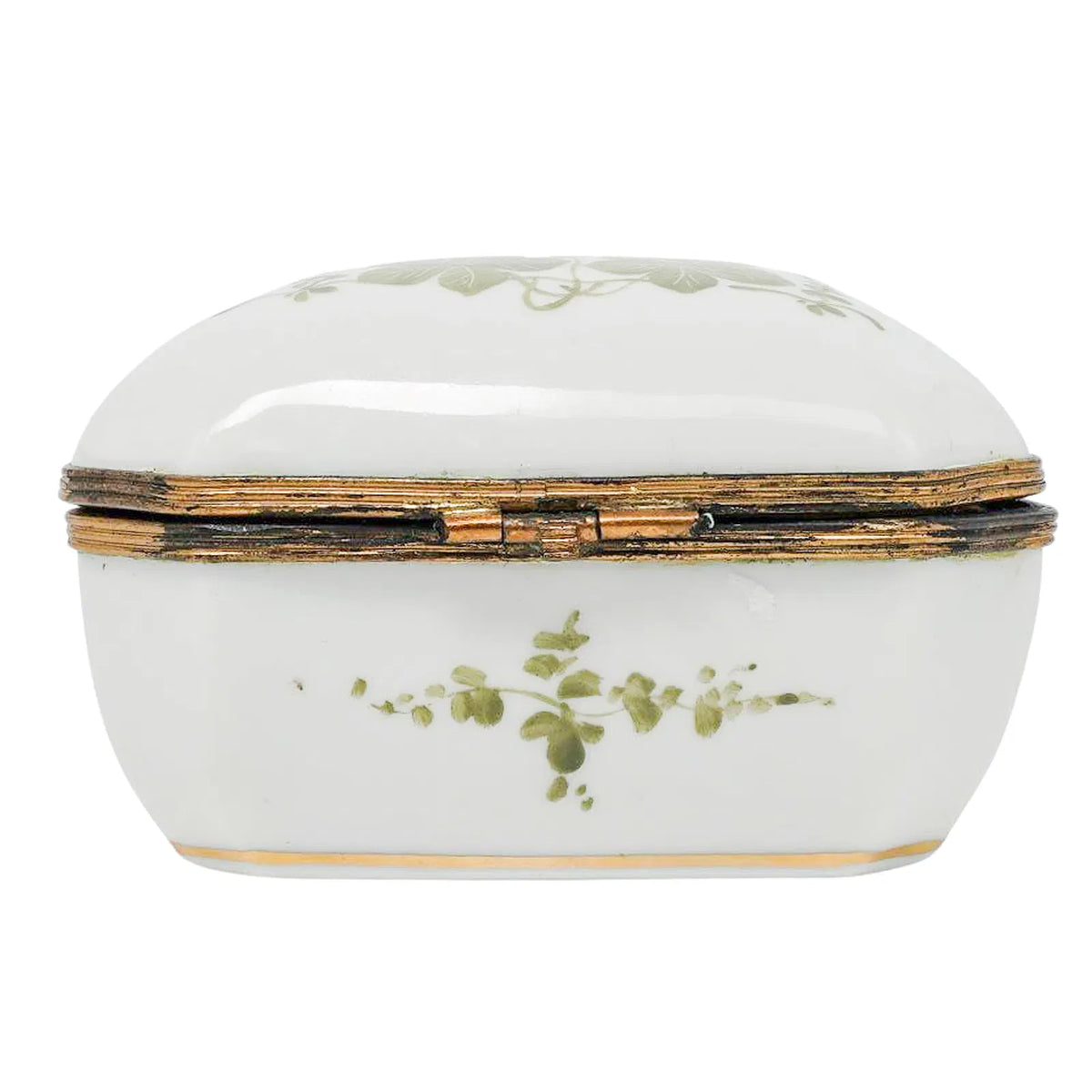 Antique 19th-Century French Sèvres-Marked Green Ivy Porcelain Trinket Box with Gilt Metal Mounts
