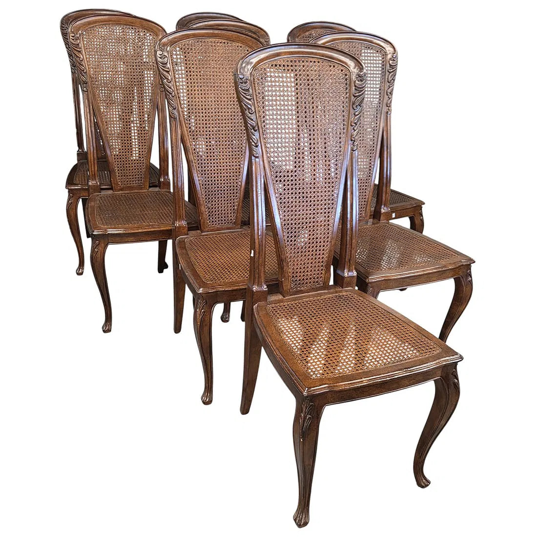 Set of 8 Vintage French Provincial Carved Wood & Cane Dining Chairs