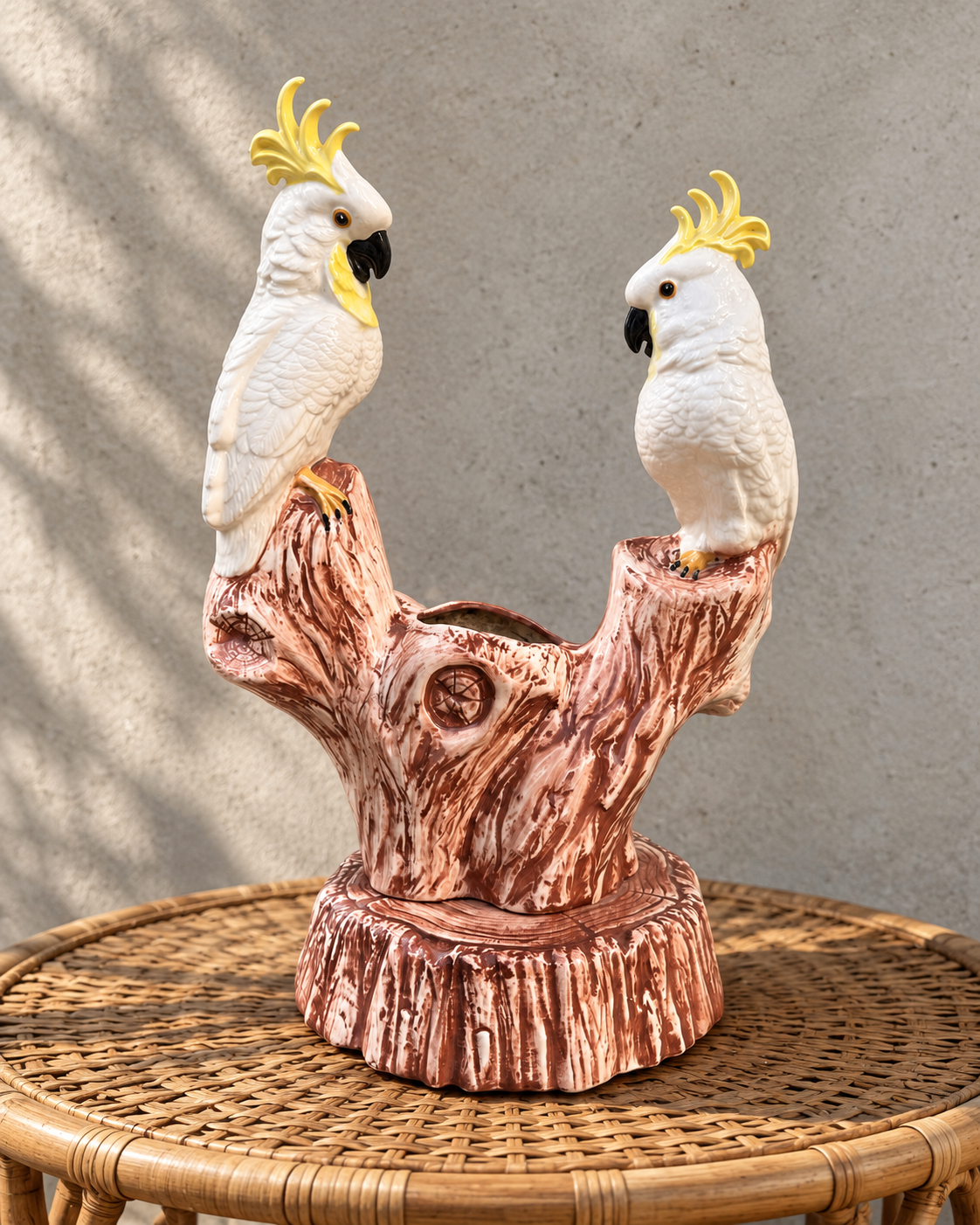 Vintage Great Plains USA ceramic cockatoo bird planter with Majolica-style glaze and floral tree-stump base, c. 1950s–1960s