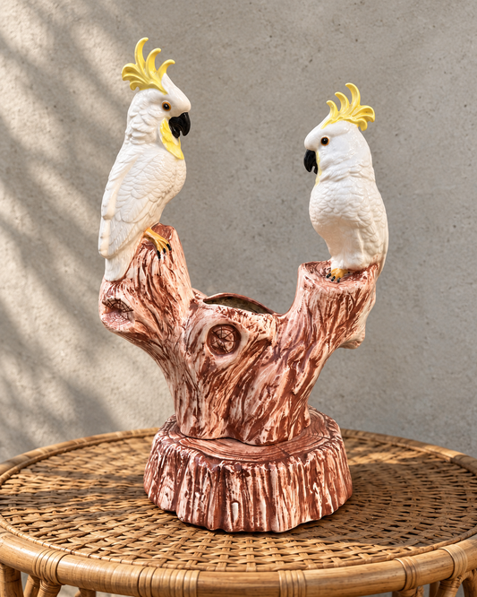 Vintage Great Plains USA ceramic cockatoo bird planter with Majolica-style glaze and floral tree-stump base, c. 1950s–1960s