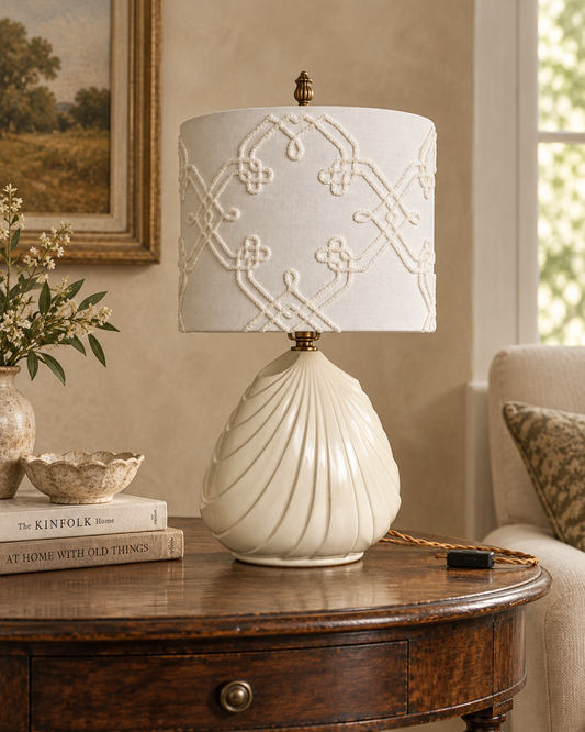 La Louelle - Vintage Ivory Ceramic Shell Table Lamp with Custom Shade