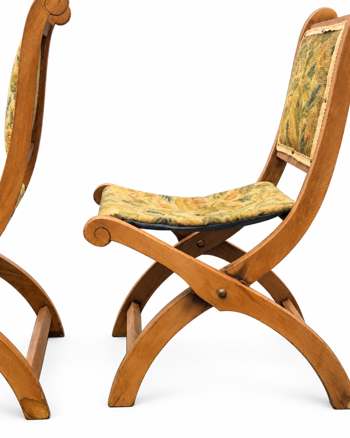 Pair of Vintage French Renaissance-Style Folding Oak Campaign Chairs with Needlepoint