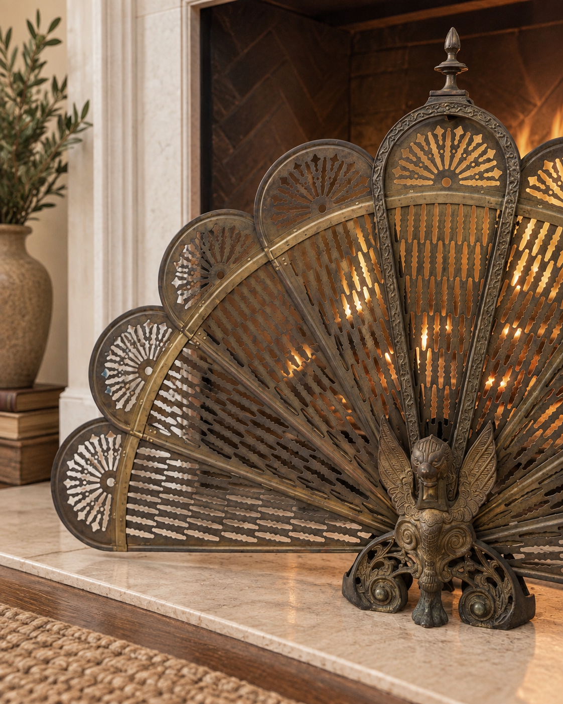 1920s Italian Art Nouveau Brass Peacock Fireplace Screen