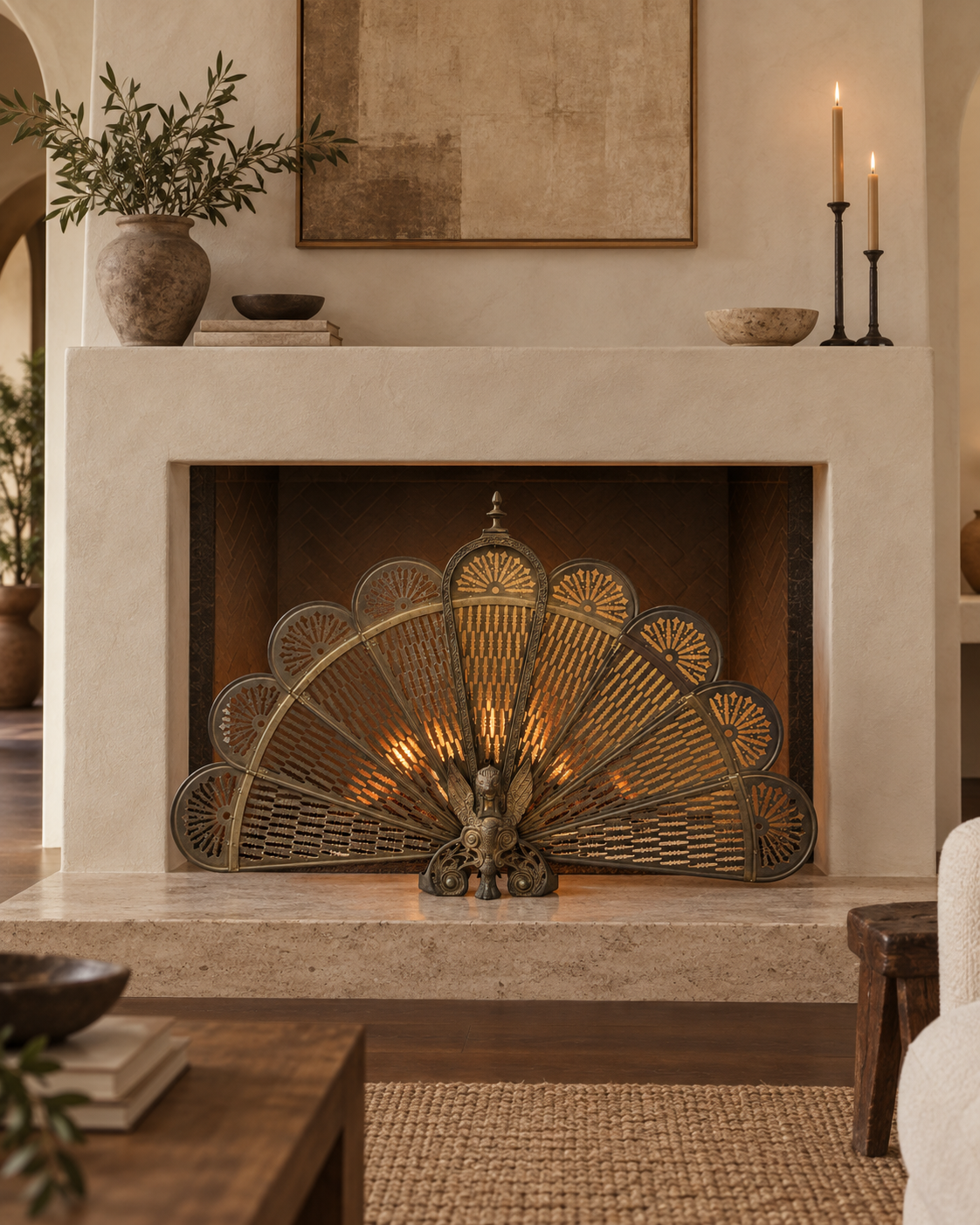 1920s Italian Art Nouveau Brass Peacock Fireplace Screen