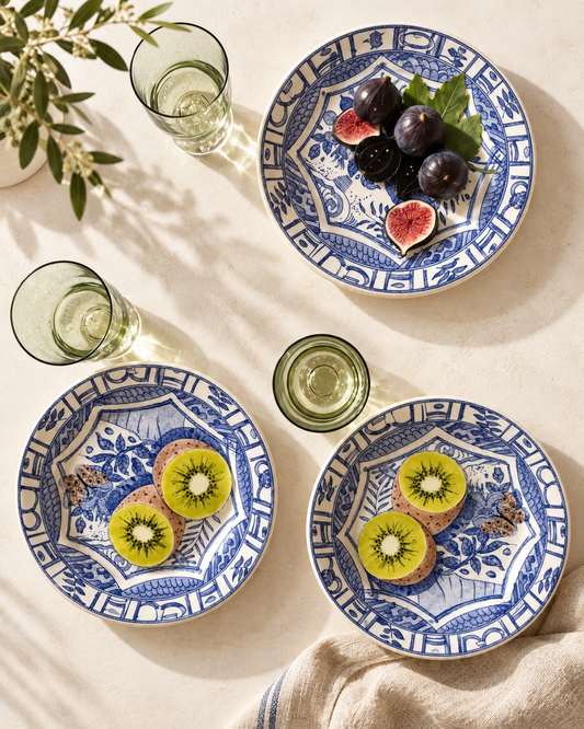 1970s Faïencerie de Gien Oiseau Bleu Fruit Plates — Kiwi, Lemon & Fig