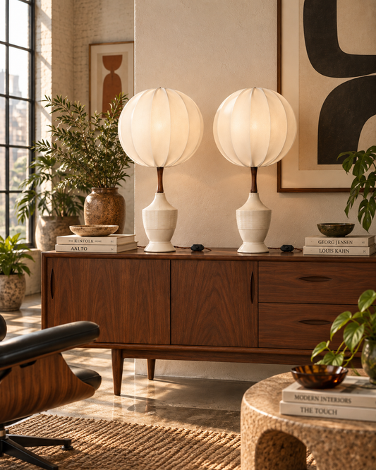 Las Sofias — Pair of Vintage Swedish MCM Ribbed Ceramic Table Lamps with Custom French Shades