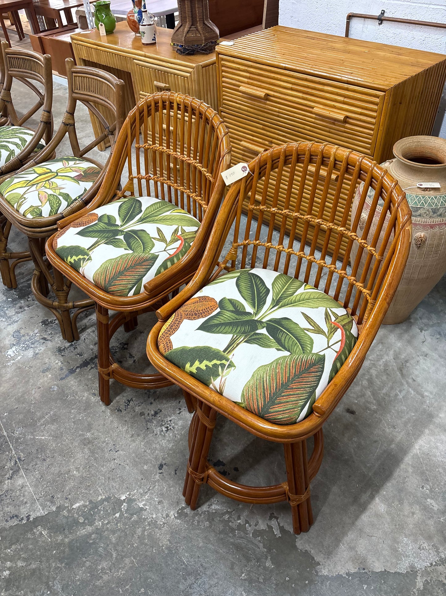 1960s Arched Spindle Rattan Swivel Counter Stools — Set of 2