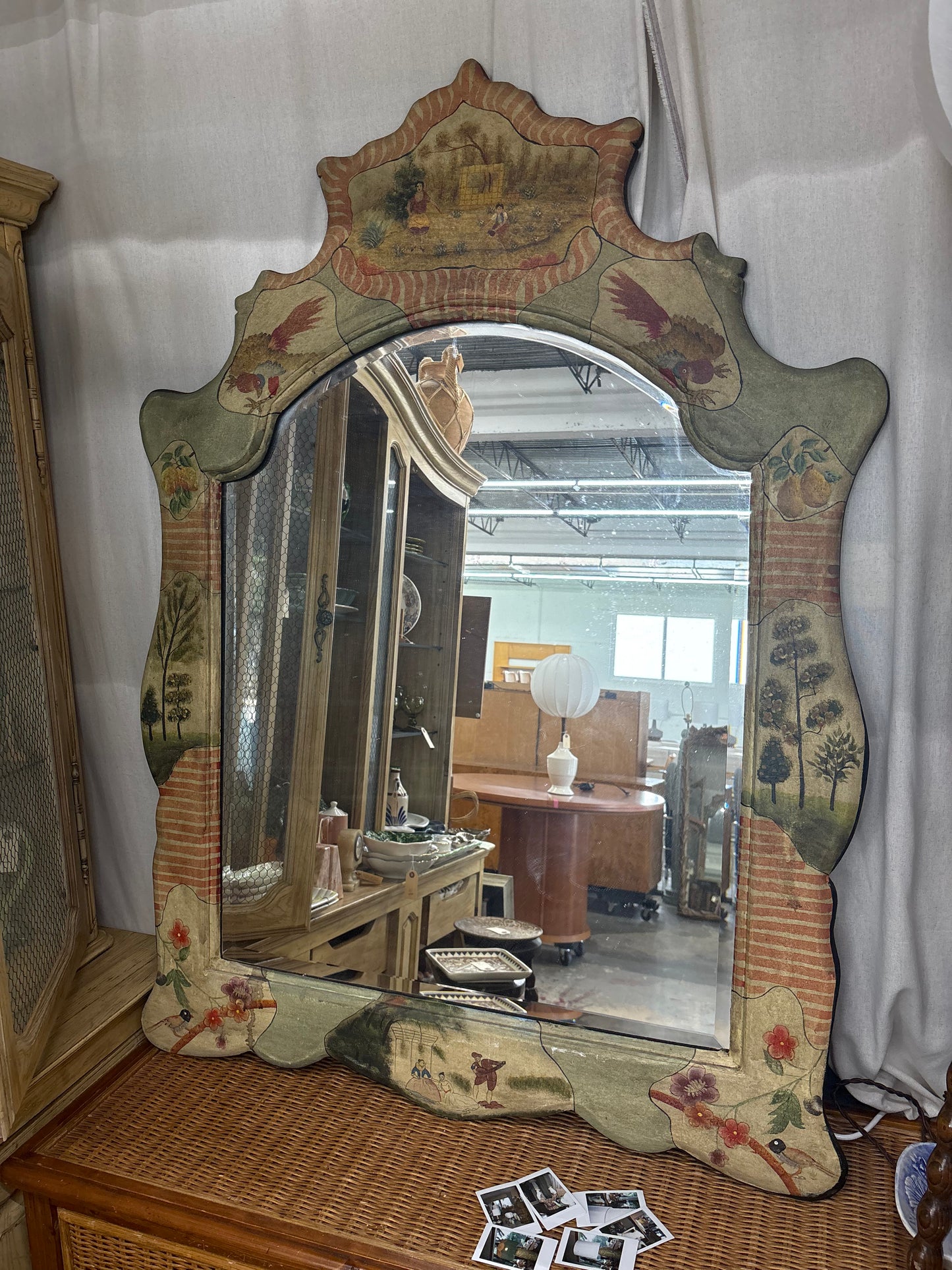 intage chinoiserie mirror, hand painted vintage mirror,
