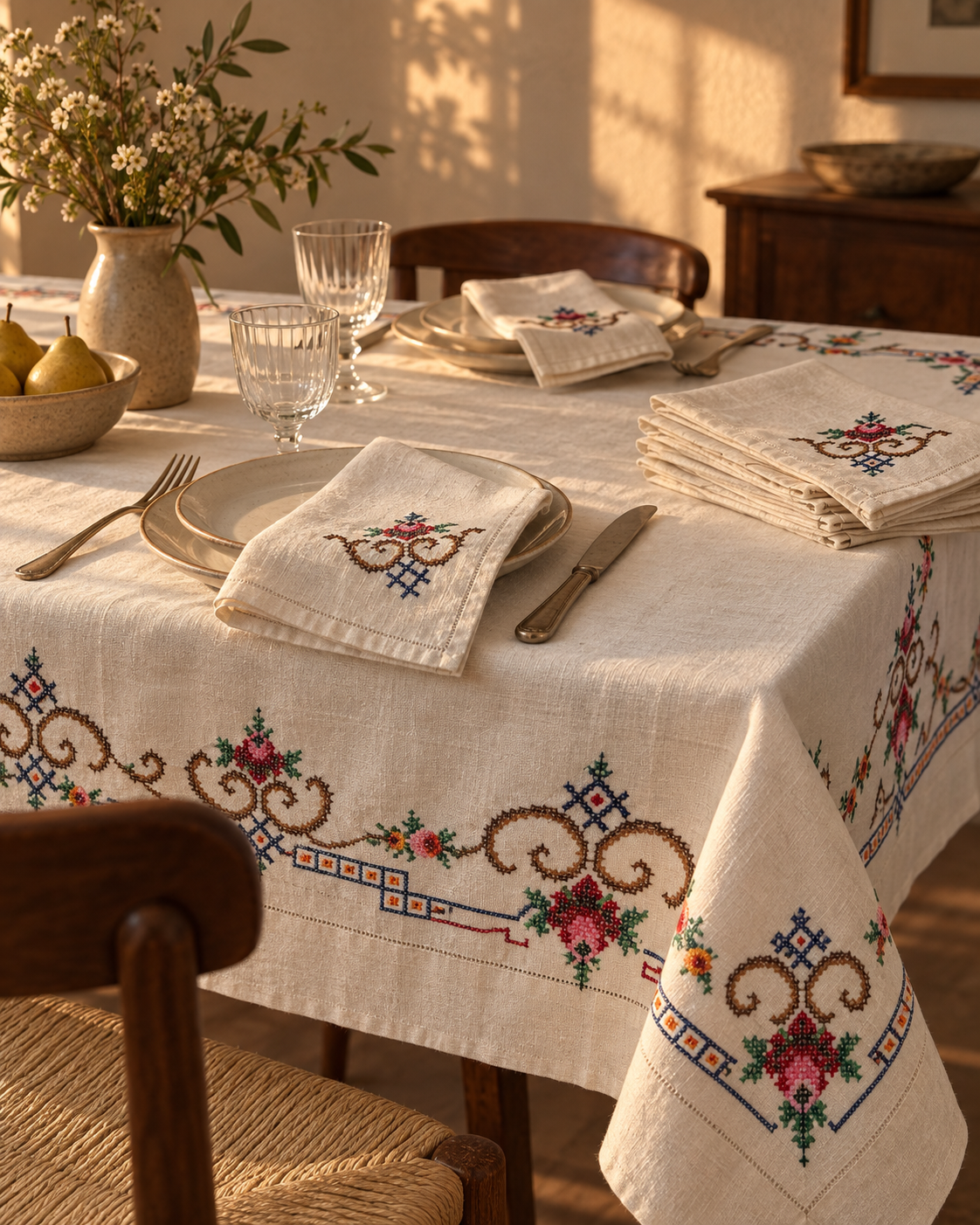 Antique Mid-19th Century Hand-Embroidered Trousseau Tablecloth & 12 Napkins