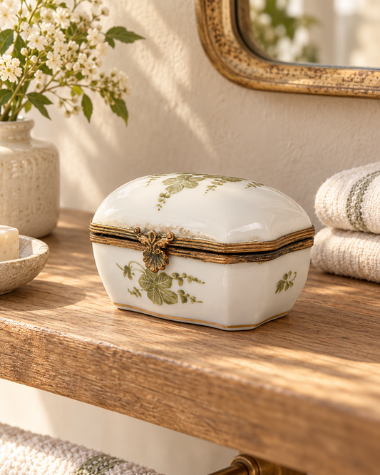 Antique 19th-Century French Sèvres-Marked Green Ivy Porcelain Trinket Box with Gilt Metal Mounts