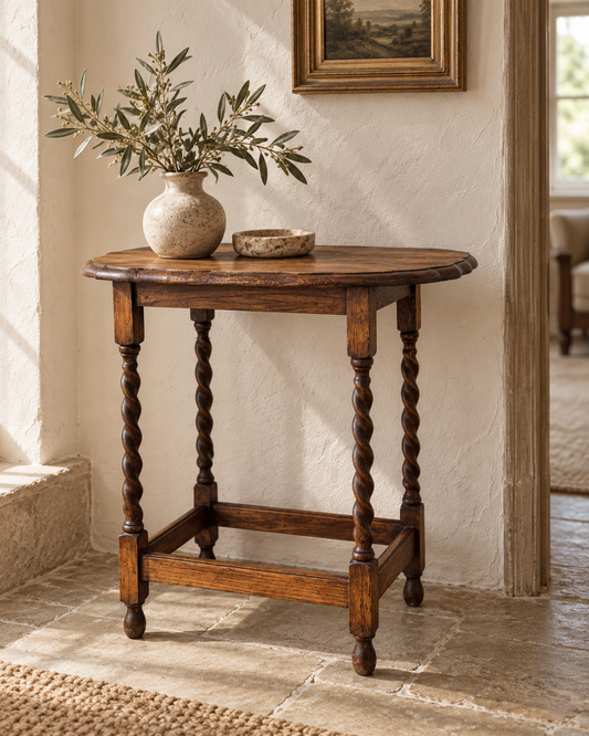 Antique English Barley-Twist Side Table with Scalloped Top, c. 1900