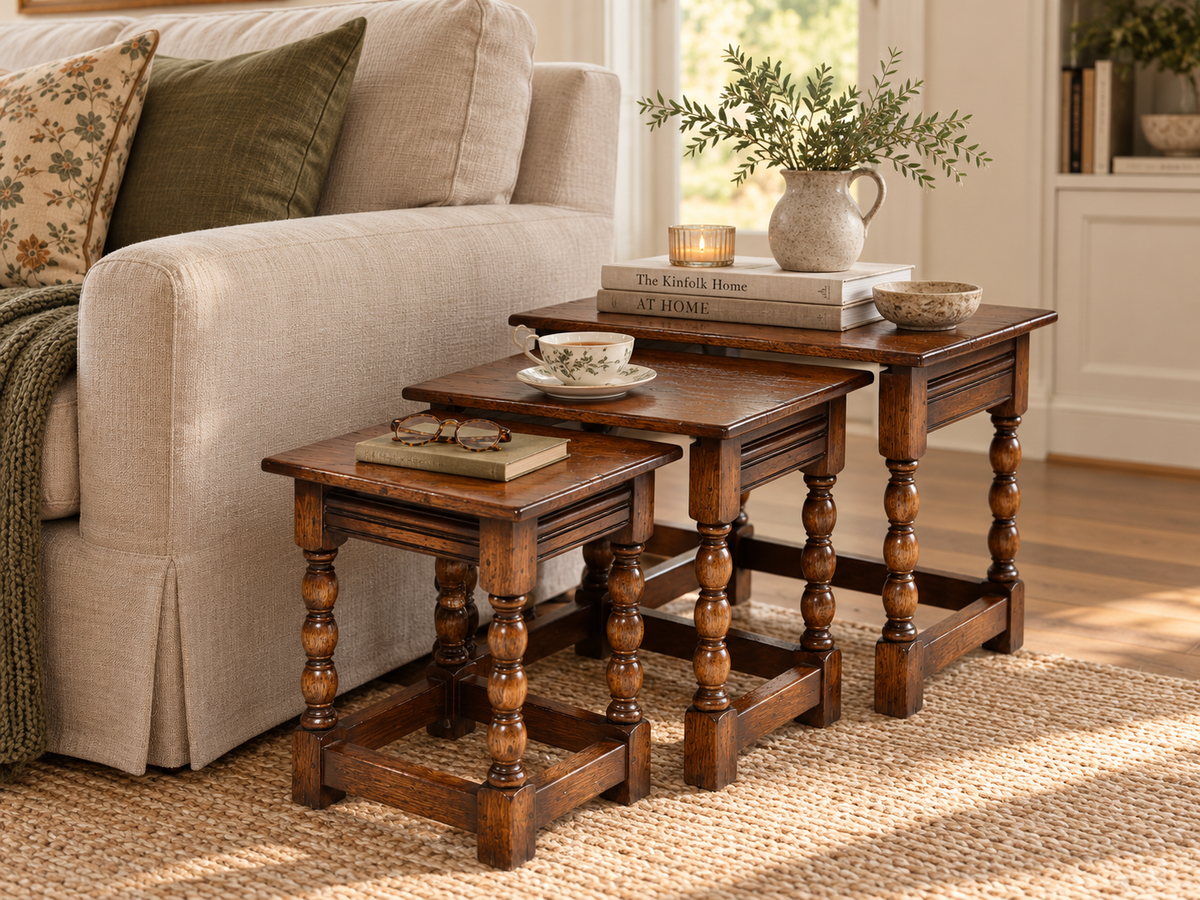 Antique British Oak Nest of Three Tables, Early 20th Century