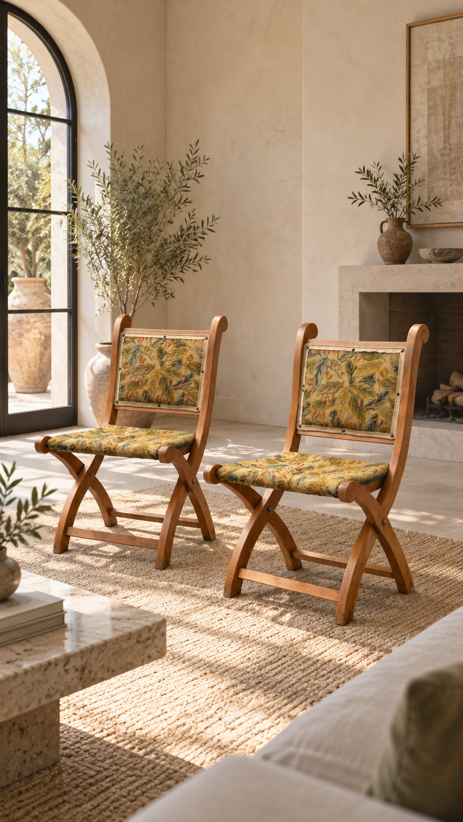 French Renaissance-style campaign chair with dark oak frame