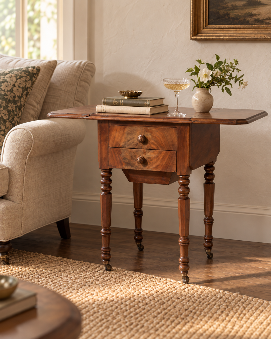 Antique French Mahogany Drop-Leaf Sewing / Work Table
