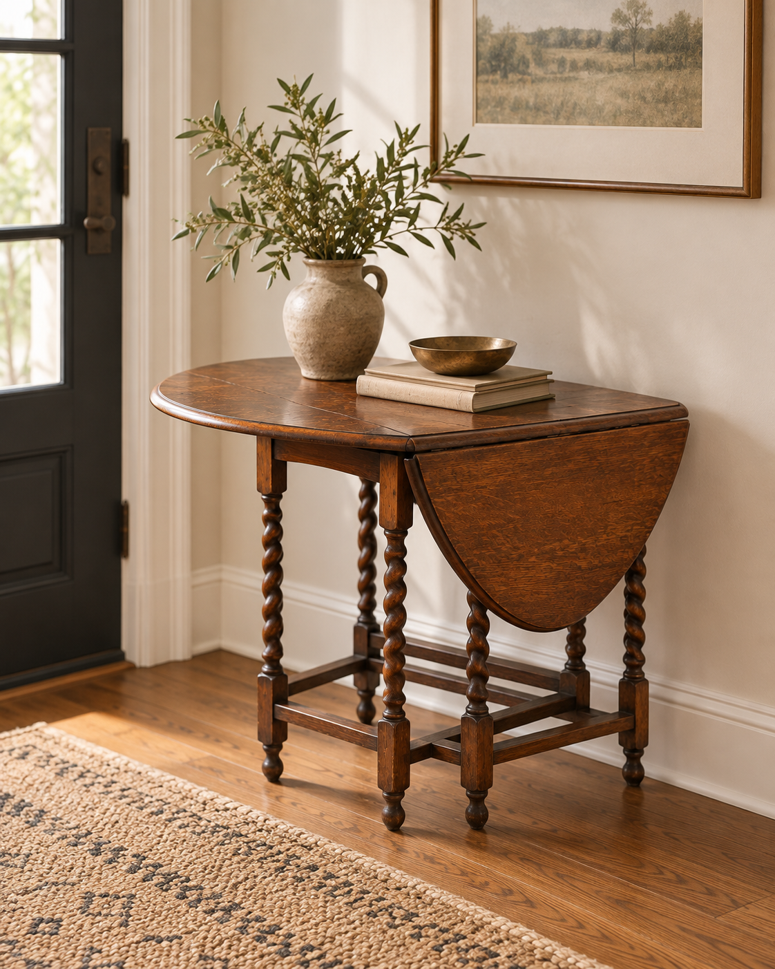 Vintage British Oak Barley-Twist Drop-Leaf Gateleg Table, c. 1920