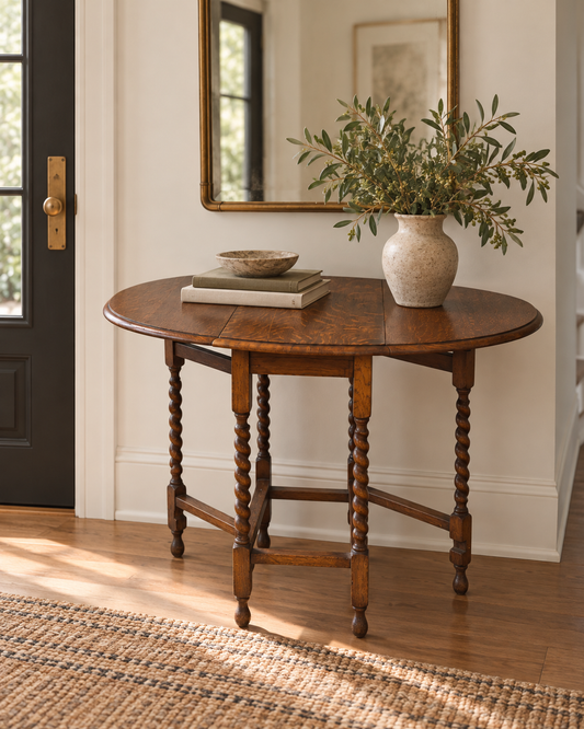 Vintage British Oak Barley-Twist Drop-Leaf Gateleg Table, c. 1920