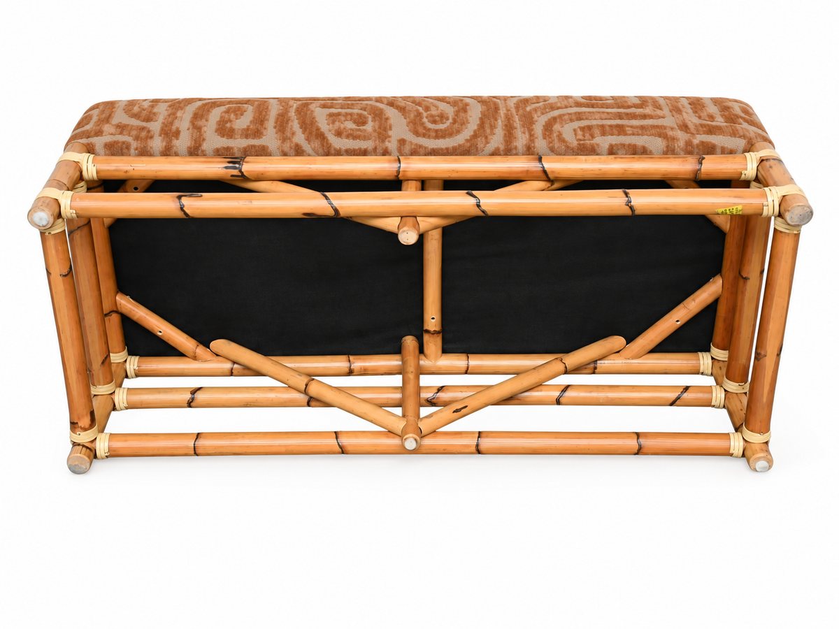 Vintage Bamboo & Rattan Bench — Reupholstered in Terracotta Geometric Velvet | 42"