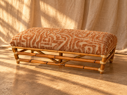 Vintage Bamboo & Rattan Bench — Reupholstered in Terracotta Geometric Velvet | 42"