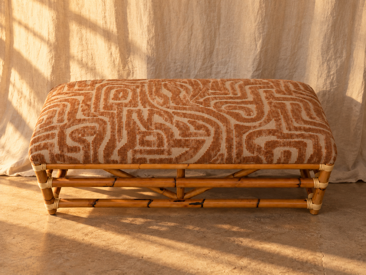 Vintage Bamboo & Rattan Bench — Reupholstered in Terracotta Geometric Velvet | 42"