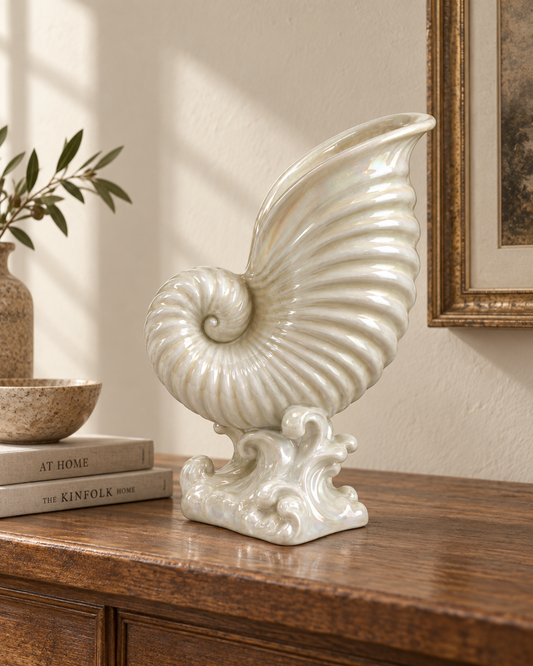 Vintage White Pearlescent Ceramic Cornucopia Vase