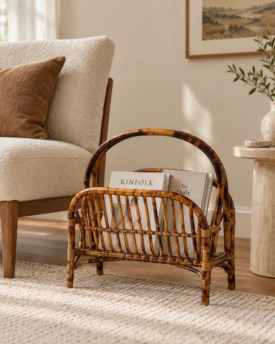 Vintage Tortoiseshell Bamboo Magazine Rack with Arched Handle