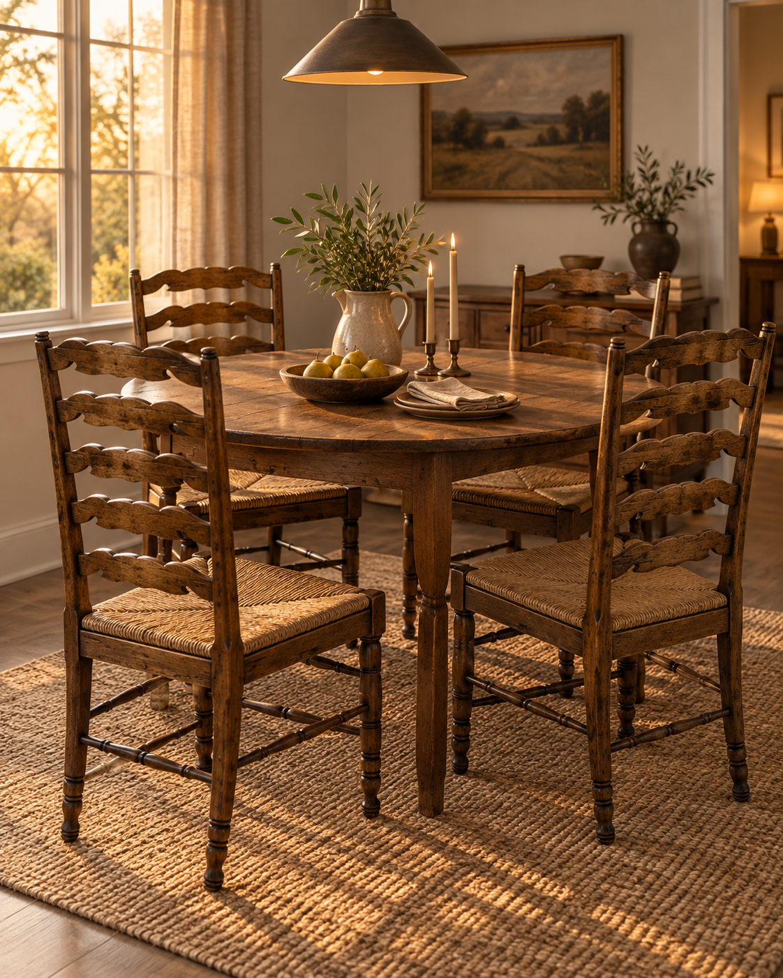 Set of 4 Vintage French Country Oak Ladder-Back Dining Chairs with Rush Seats