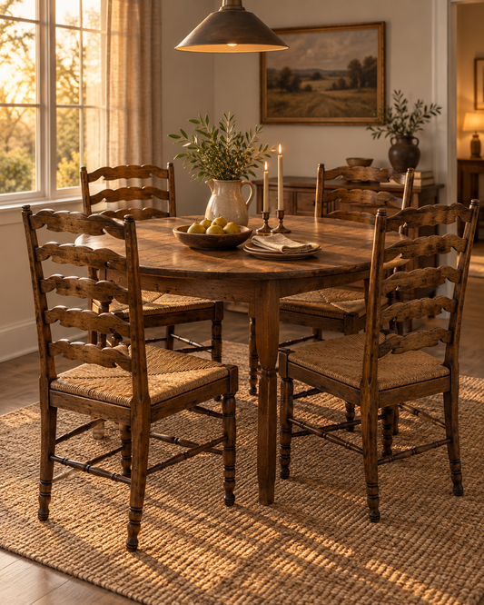Set of 4 Vintage French Country Oak Ladder-Back Dining Chairs with Rush Seats