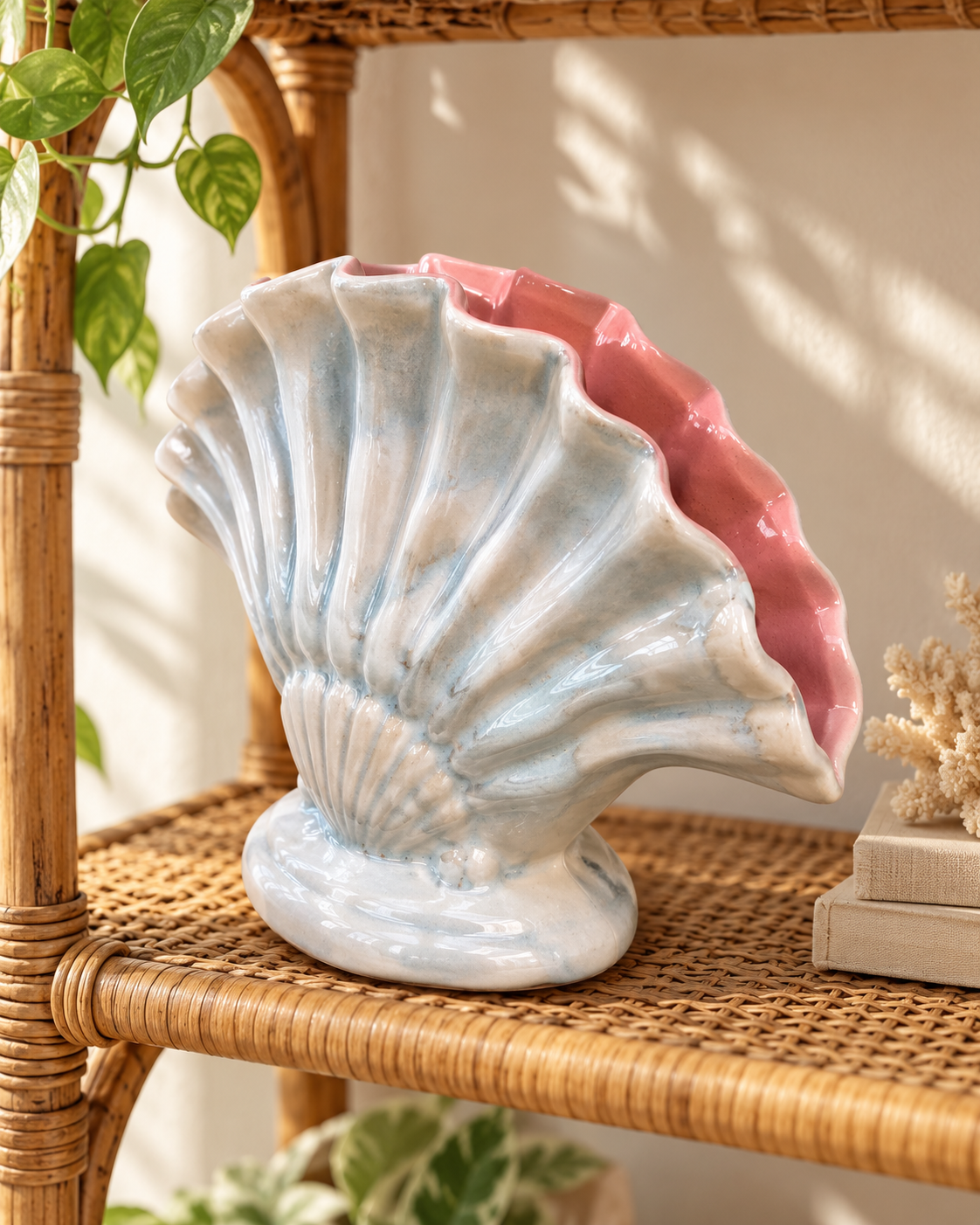Vintage Pearlescent Ceramic Shell Vase / Planter — Blush Pink Interior