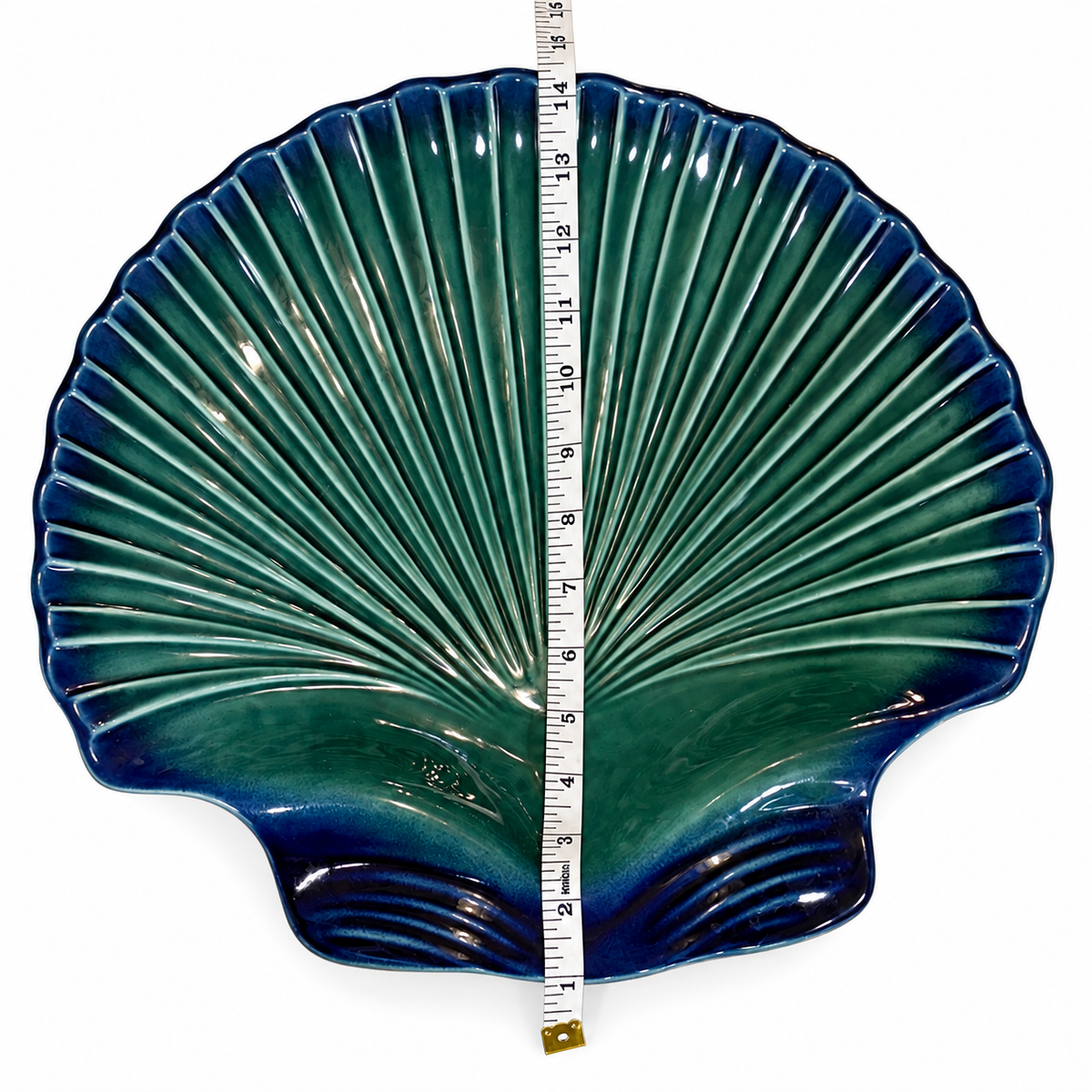 Vintage Portuguese Teal Ceramic Scallop Shell Serving Dish — Large 15"