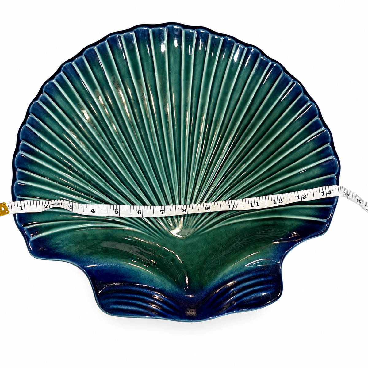 Vintage Portuguese Teal Ceramic Scallop Shell Serving Dish — Large 15"