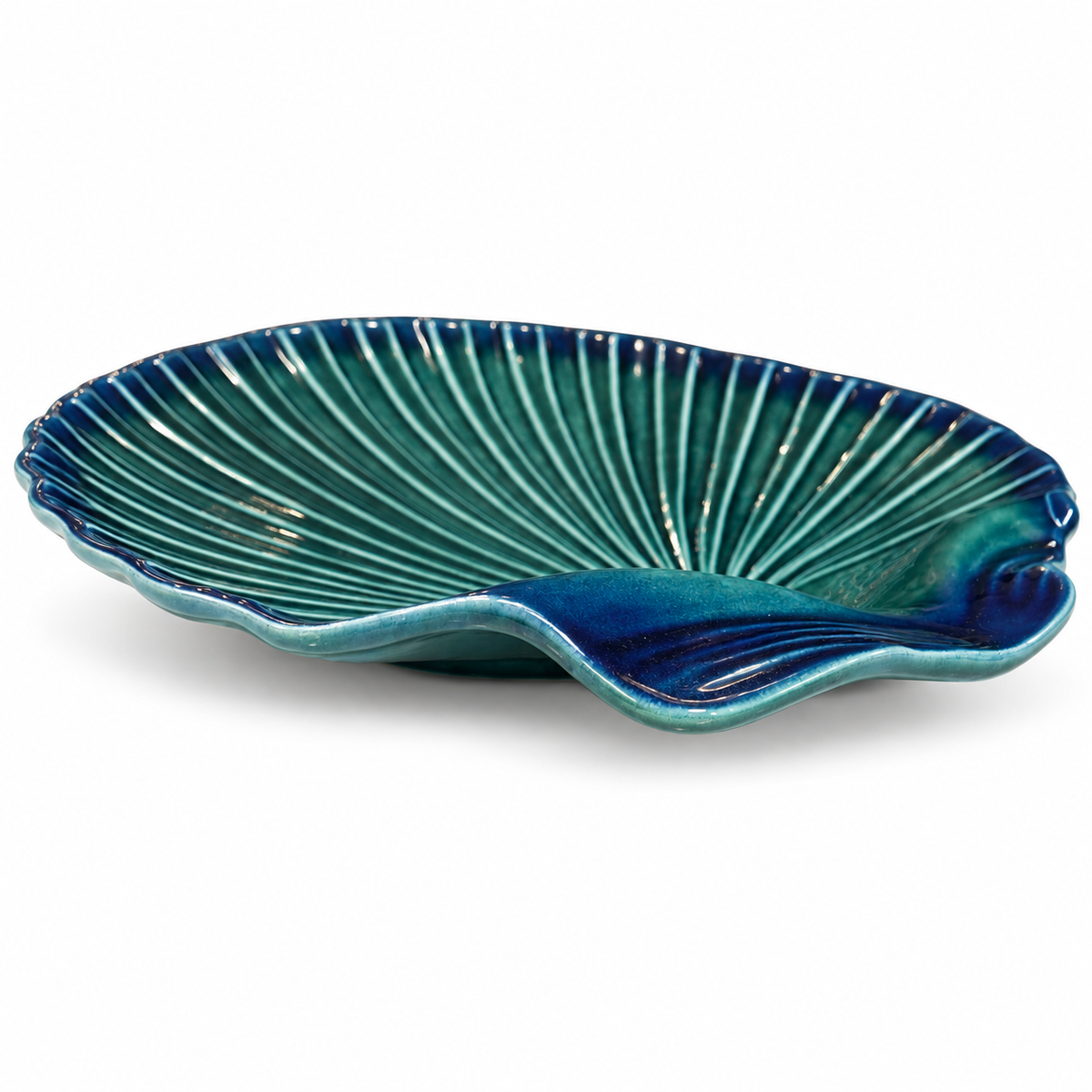 Vintage Portuguese Teal Ceramic Scallop Shell Serving Dish — Large 15"
