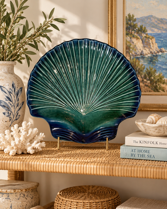 Vintage Portuguese Teal Ceramic Scallop Shell Serving Dish — Large 15"