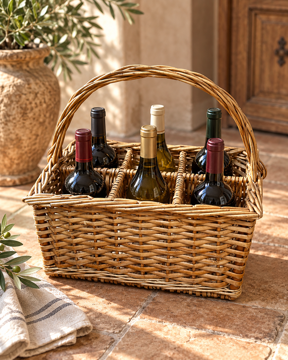 Vintage Portuguese Woven Wine Bottle Basket — Six-Bottle Carrier